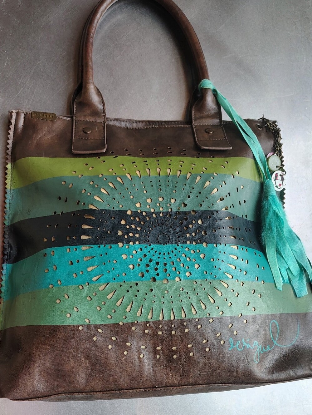 Desigual Bohemian Laser Cut Leather-look Striped Circle Earthy Brown Tote Bag